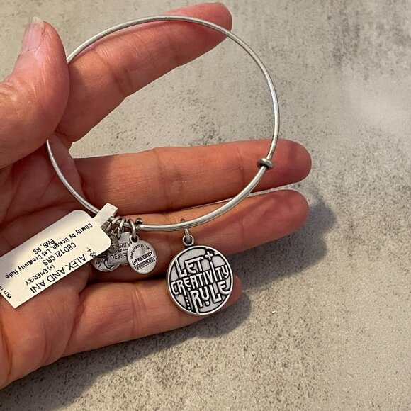 NWT Alex and Ani Let Creativity Rule 2012 Silver Adjustable Bangle Bracelet - Picture 1 of 7